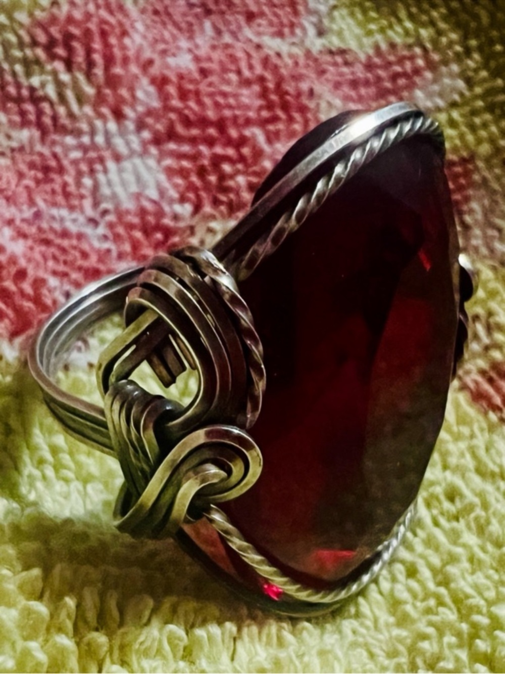 Deep Red Gemstone Sterling Wire-Wrap Ring - Women Jewelry. Size 7.5